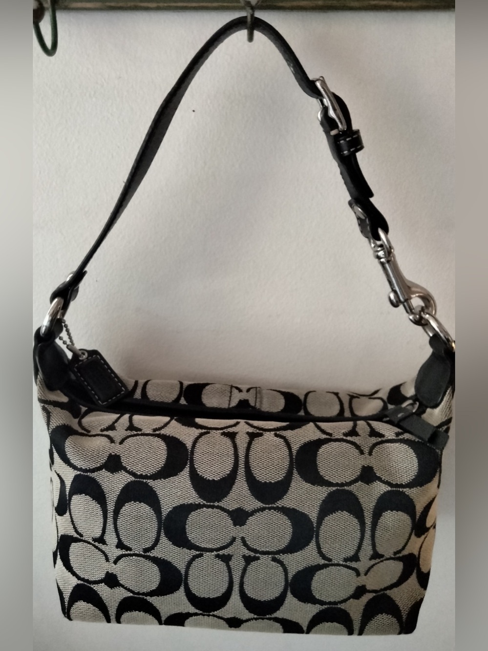 Coach Black & Cream Signature Canvas Shoulder Bag with Leather Trim